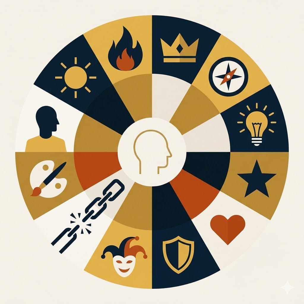 Create a 1024x1024 illustrated editorial image for a marketing blog article about Carl Jung's 12 brand archetypes. Style: Flat design with a Bauhaus/constructivist influence. Bold geometric shapes, limited color palette (deep navy #0D1B2A, warm gold #E8B84B, off-white #F5F0E8, one accent in terracotta #C1440E). Clean, sophisticated, slightly academic. Concept: A circular composition divided into 12 segments, each containing a minimal symbolic icon representing one archetype — a flame (Hero), a crown (Ruler), a compass (Explorer), a lightbulb (Sage), a star (Magician), a heart (Lover), a shield (Caregiver), a jester mask (Jester), a broken chain (Outlaw), a paintbrush (Creator), a person silhouette (Everyman), a sun (Innocent). At the center of the circle, a subtle human head profile in outline, referencing the psychological origin. Typography: No text in the image. Let the icons speak. Mood: Intelligent, structured, slightly mysterious. Feels like the cover of a well-designed psychology book from the 1970s reimagined for a modern digital audience. No gradients. No photorealism. No stock-photo aesthetics. Flat fills only with subtle grain texture overlay.